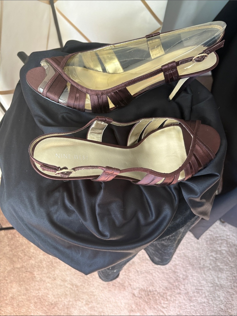 SZ 12 Nine West Brown Satin Slingback Heels with Gold Lining